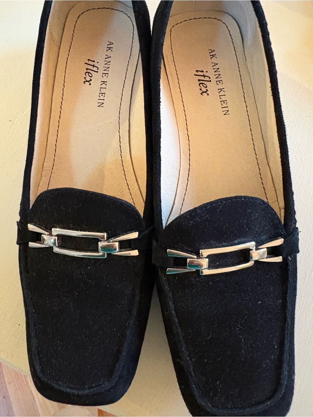 Anne Klein Black Suede Loafers with Silver Buckle Detail